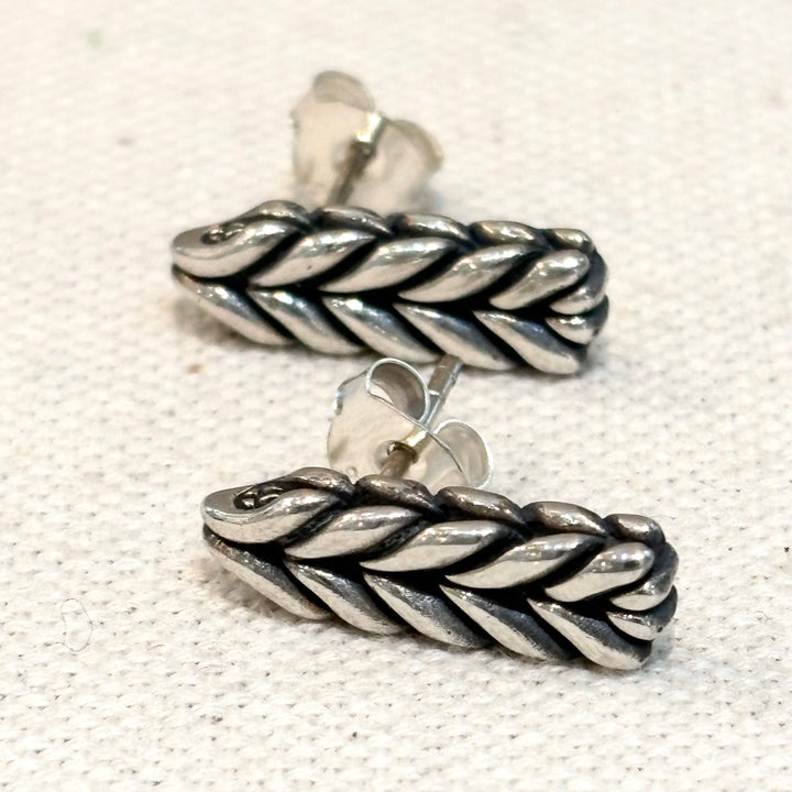 Handmade Braided Silver Bar Stud Earrings