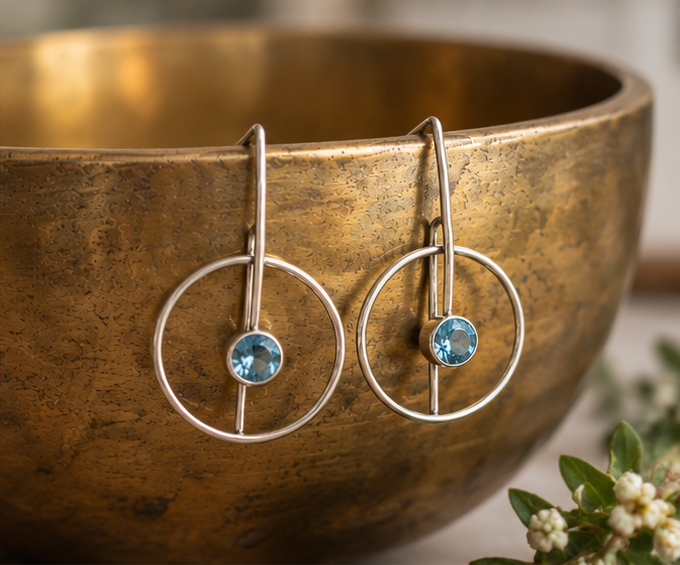 Sterling Silver Geometric Blue Topaz Circle Earrings