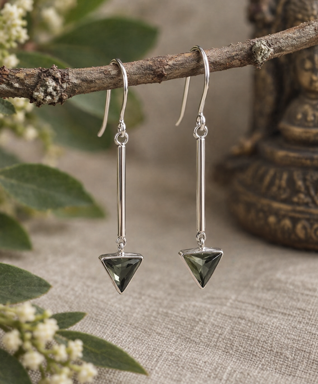 Green Obsidian Triangle Sterling Silver Drop Earrings