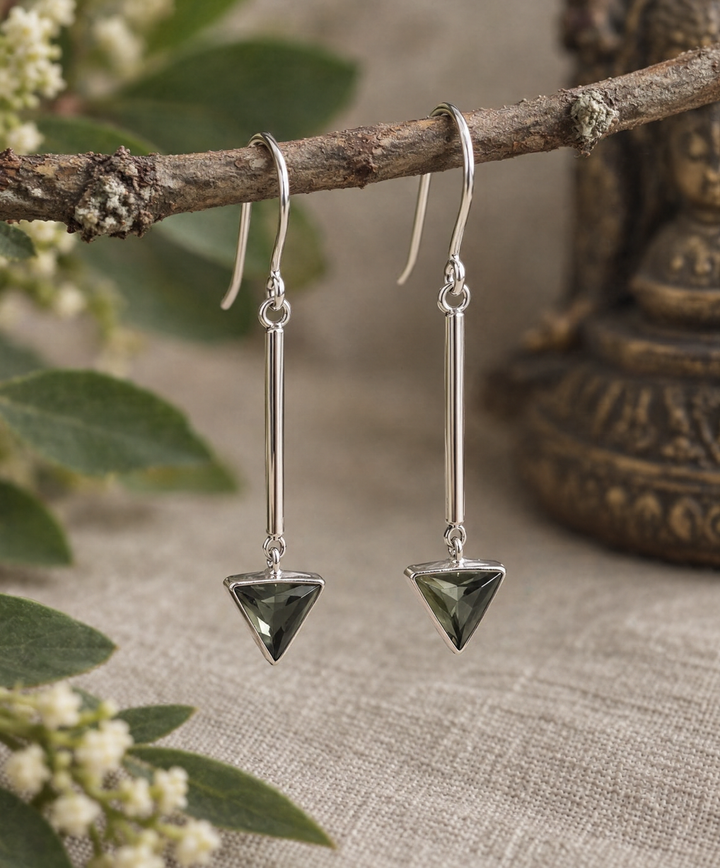 Green Obsidian Triangle Sterling Silver Drop Earrings