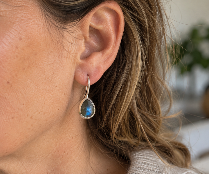 Faceted Blue Flash Labradorite Sterling Silver Teardrop Earrings