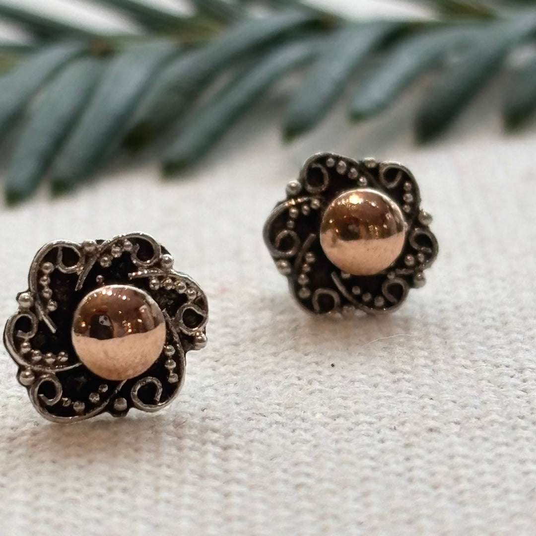 Silver Flower Stud Earrings with Gold Plated Centre