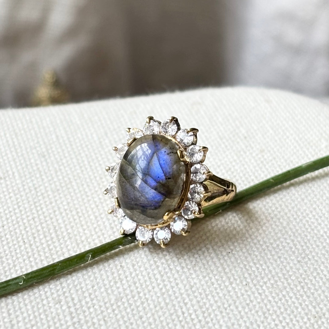 Handmade Panchadhatu Labradorite Halo Ring – Size L