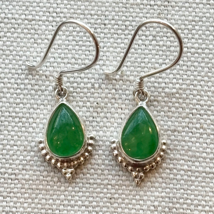 Green Jade Teardrop Silver Earrings