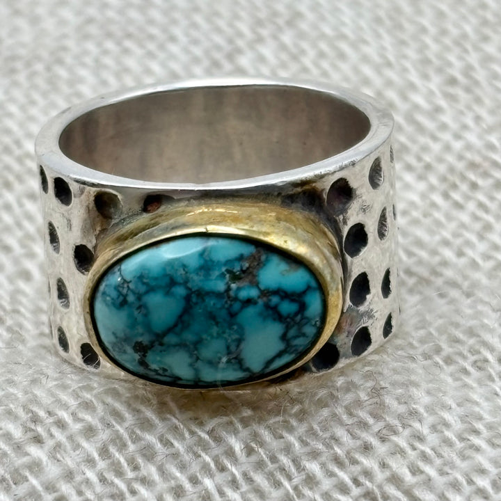 Turquoise Statement Ring – Sterling Silver Ring with Gold Bezel