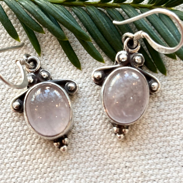 Sterling Silver Rose Quartz Ornate Drop Earrings