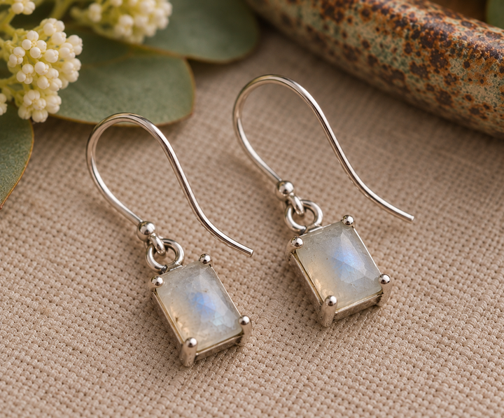 Rectangular Rainbow Moonstone Sterling Silver Drop Earrings
