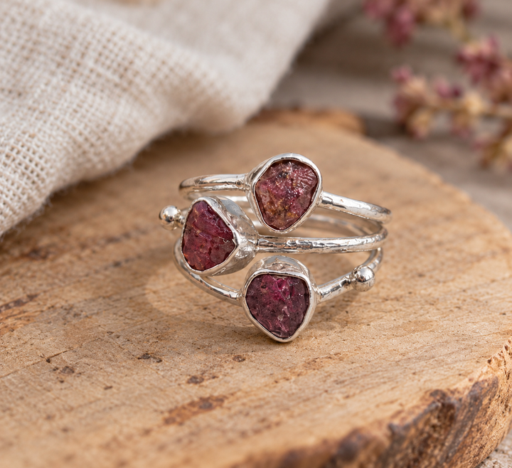 Three Stone Pink Tourmaline Sterling Silver Ring – Size K