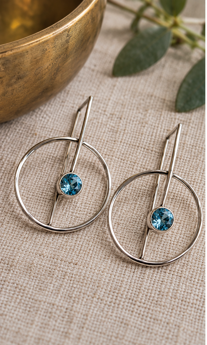 Sterling Silver Geometric Blue Topaz Circle Earrings