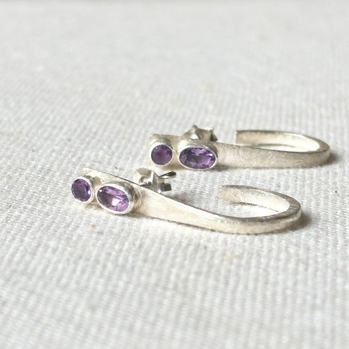 Handmade Amethyst Silver Open Hoop Stud Earrings