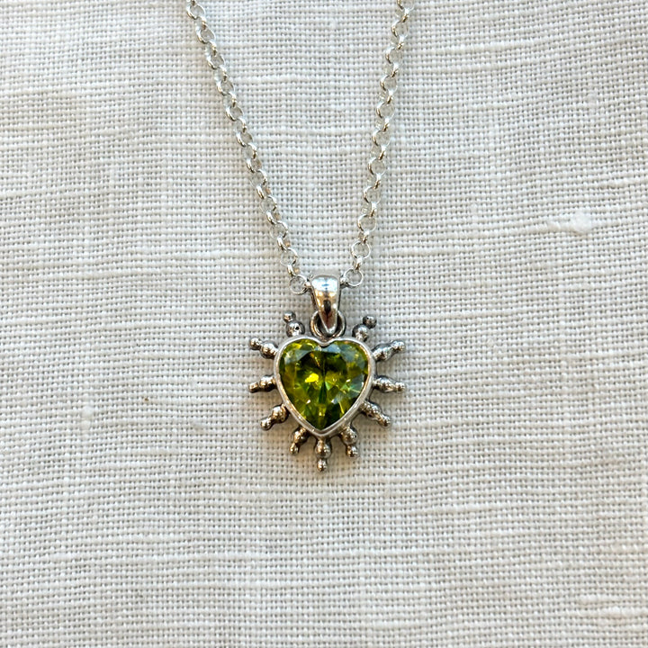 Sterling Silver Peridot Heart Necklace – Sunburst Pendant, 18 Inch Chain