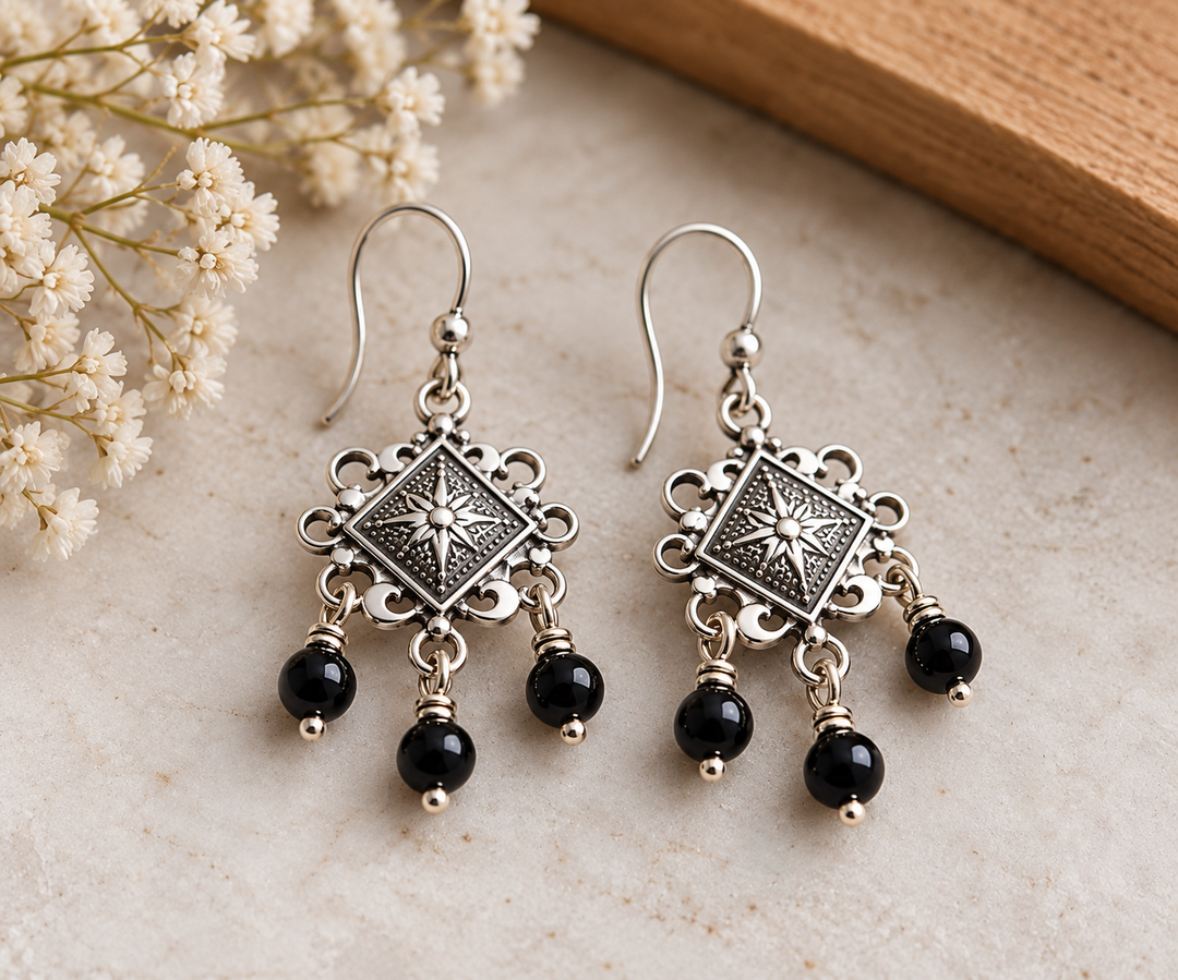 Sterling Silver Decorative Earrings with Black Beads