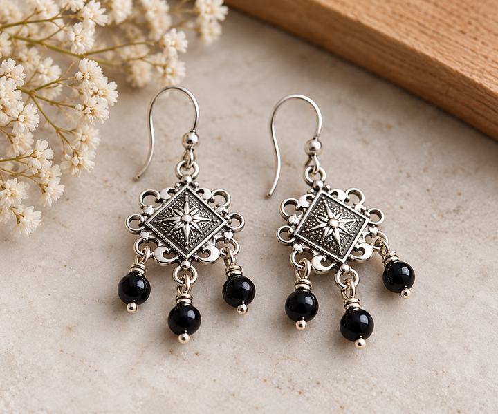 Sterling Silver Decorative Earrings with Black Beads