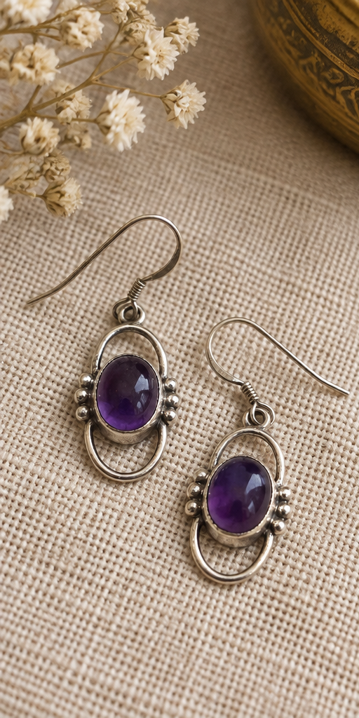 Amethyst Sterling Silver Oval Drop Earrings