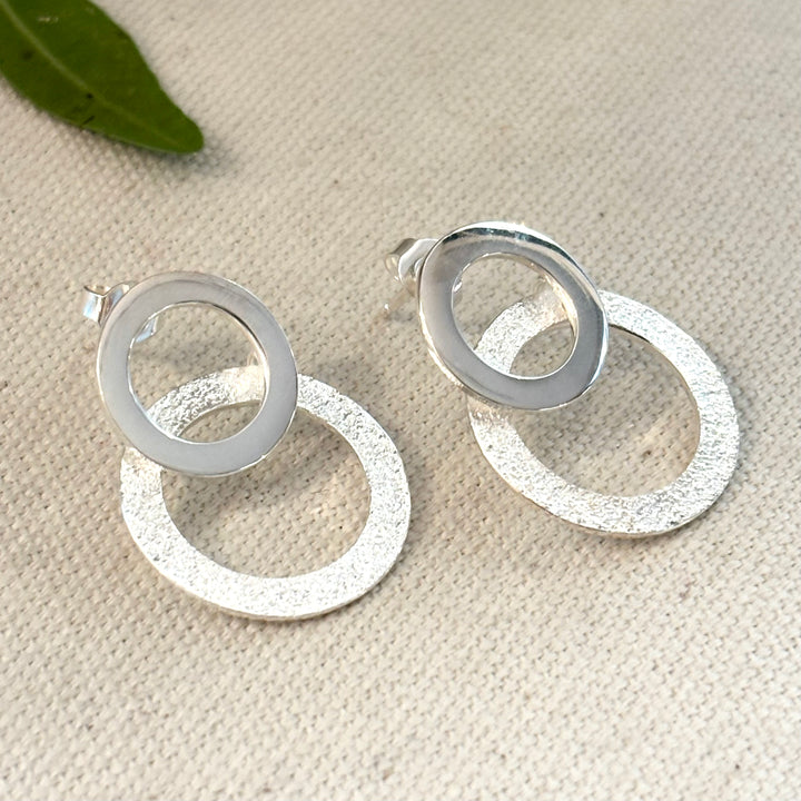Handmade Double Circle Textured Silver Stud Earrings
