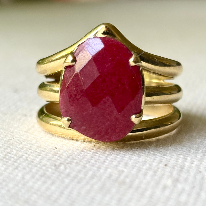Ruby Ring in Panchdhatu – Faceted Red Gemstone – Handmade Multi Band Design – Size Q