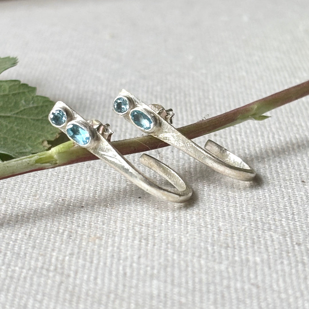 Handmade Blue Topaz Silver Open Hoop Stud Earrings