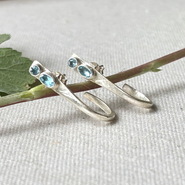 Handmade Blue Topaz Silver Open Hoop Stud Earrings