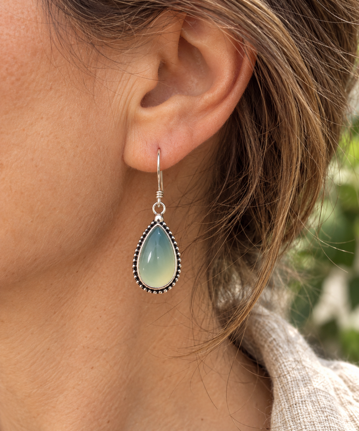 Pale Green Chalcedony Teardrop Sterling Silver Earrings