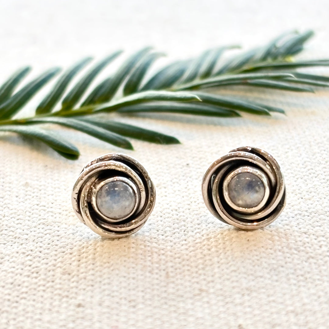 Sterling Silver Moonstone Spiral Stud Earrings – 8mm