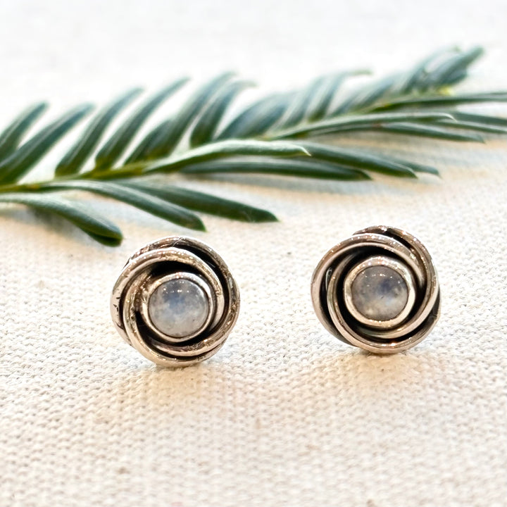 Sterling Silver Moonstone Spiral Stud Earrings – 8mm