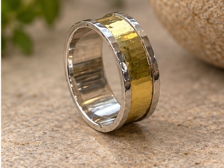 Handmade Sterling Silver and Brass Wide Band Ring