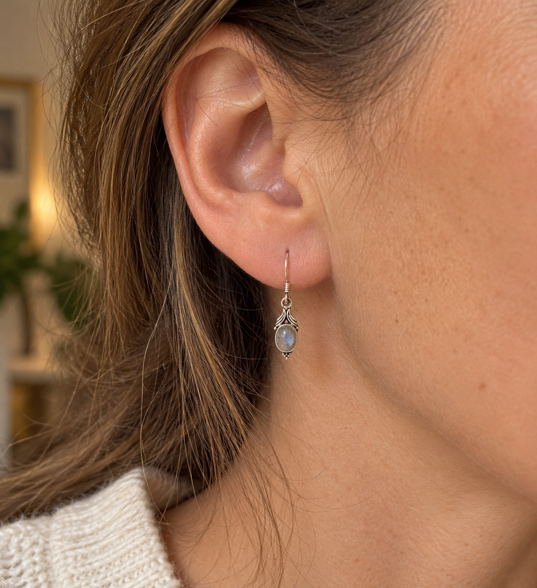 Tiny Oval Moonstone Sterling Silver Drop Earrings