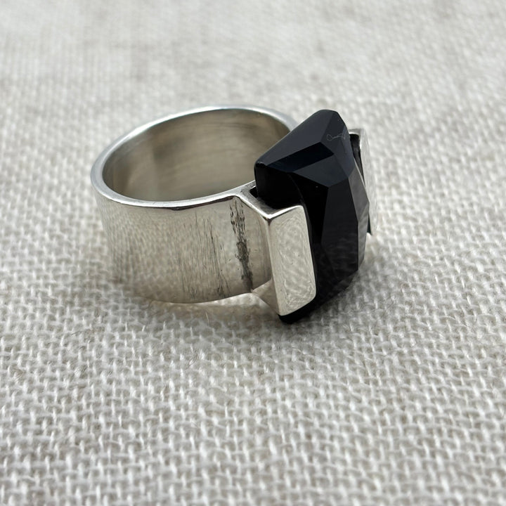 Bold Black Onyx Statement Ring in Sterling Silver (Size R)