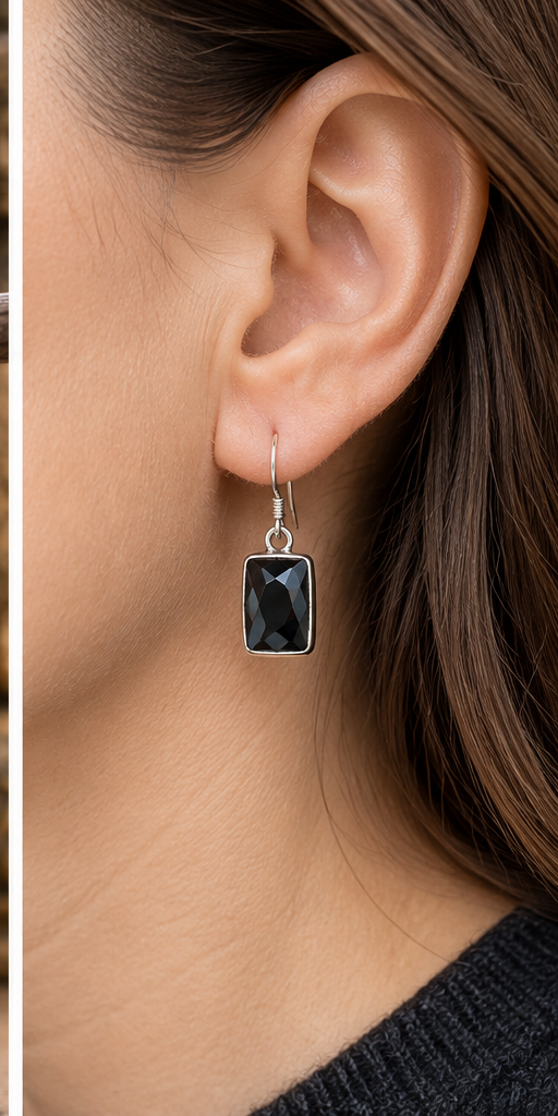 Sterling Silver Black Onyx Rectangular Drop Earrings