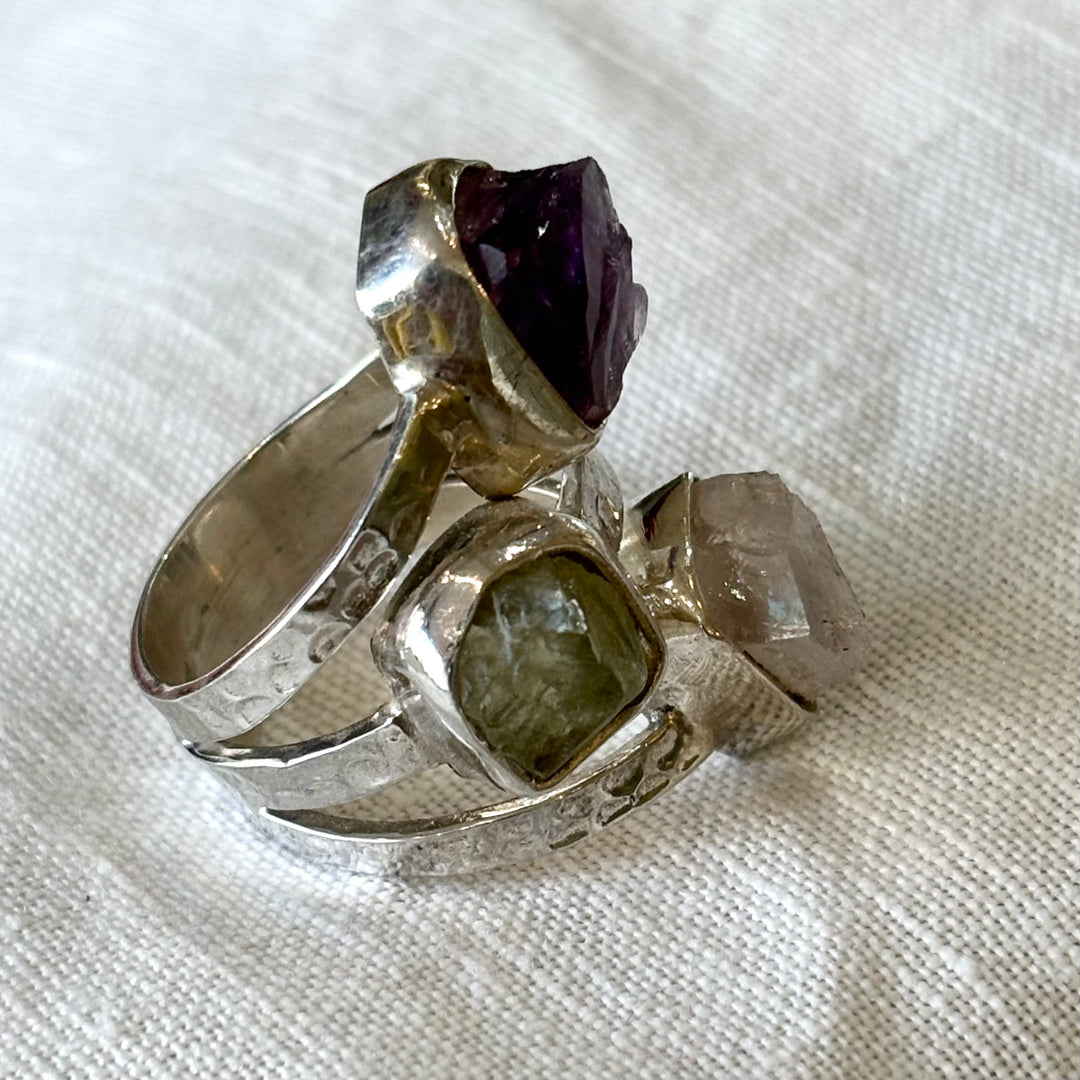 Raw Rose Quartz, Amethyst & Clear Quartz Silver Ring – Size N