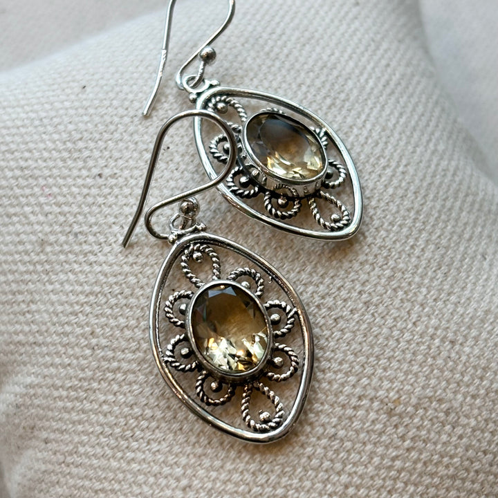 Golden Citrine Filigree Teardrop Earrings in Sterling Silver