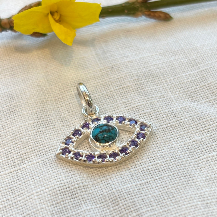 Turquoise & Purple Zircon Evil Eye Silver Necklace – 18 Inch Chain