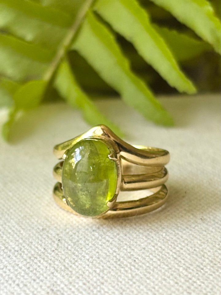 Peridot Cabochon Ring in Panchdhatu – Handmade Multi Band Design – Size P