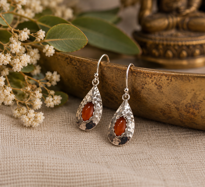 Hammered Sterling Silver Carnelian Teardrop Earrings