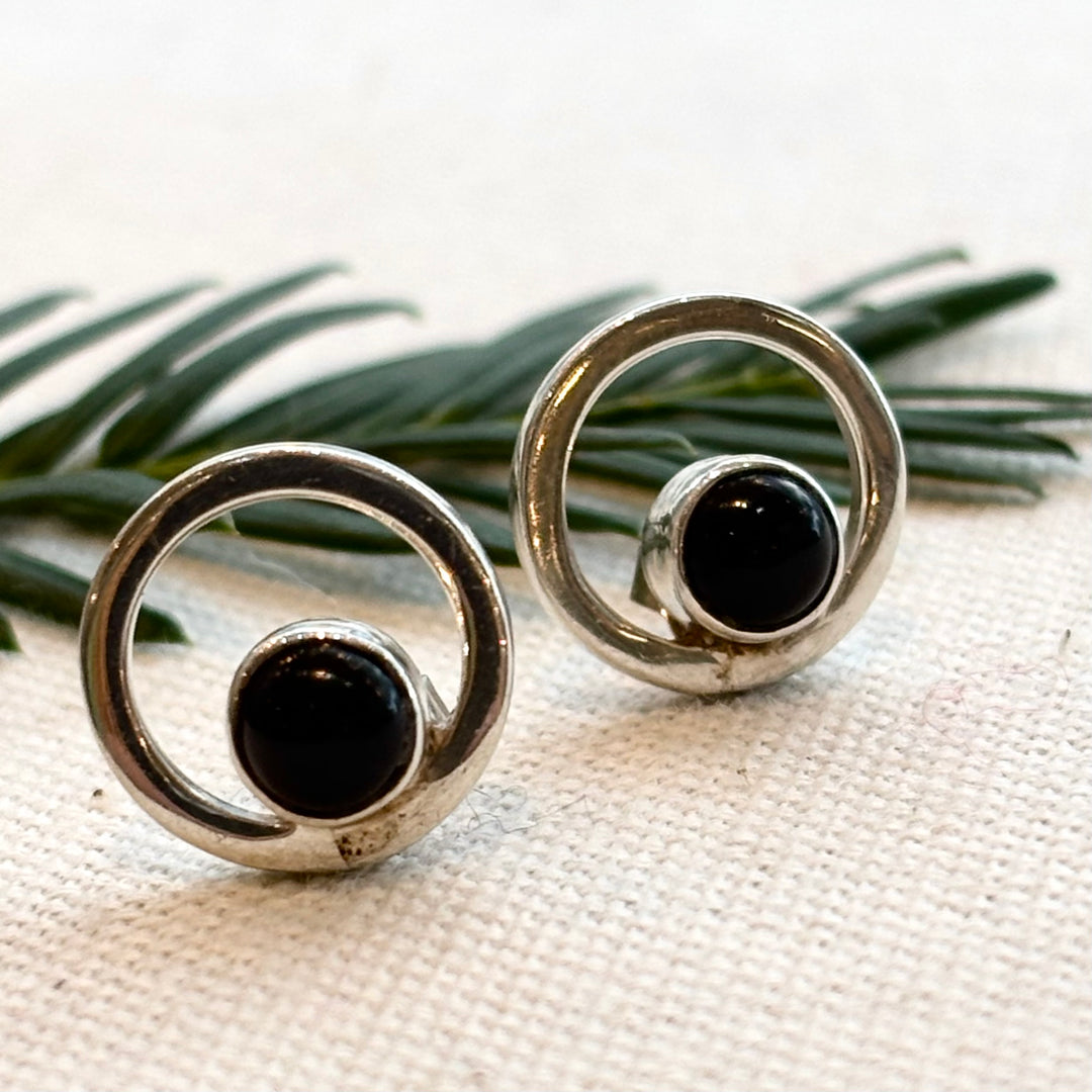 Sterling Silver Circle Stud Earrings with Black Onyx