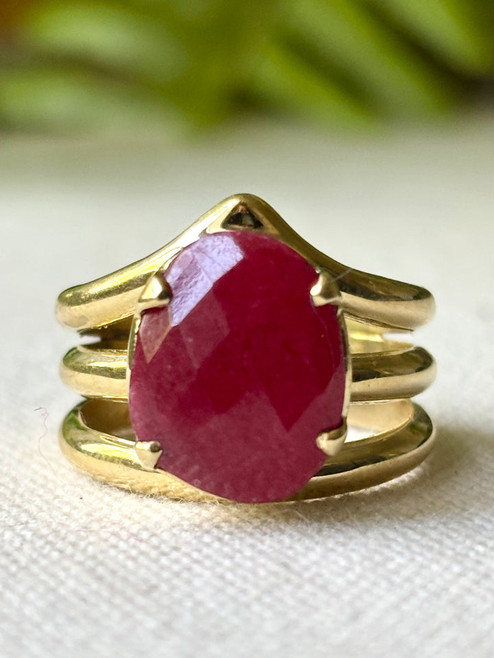 Ruby Ring in Panchdhatu – Faceted Red Gemstone – Handmade Multi Band Design – Size Q