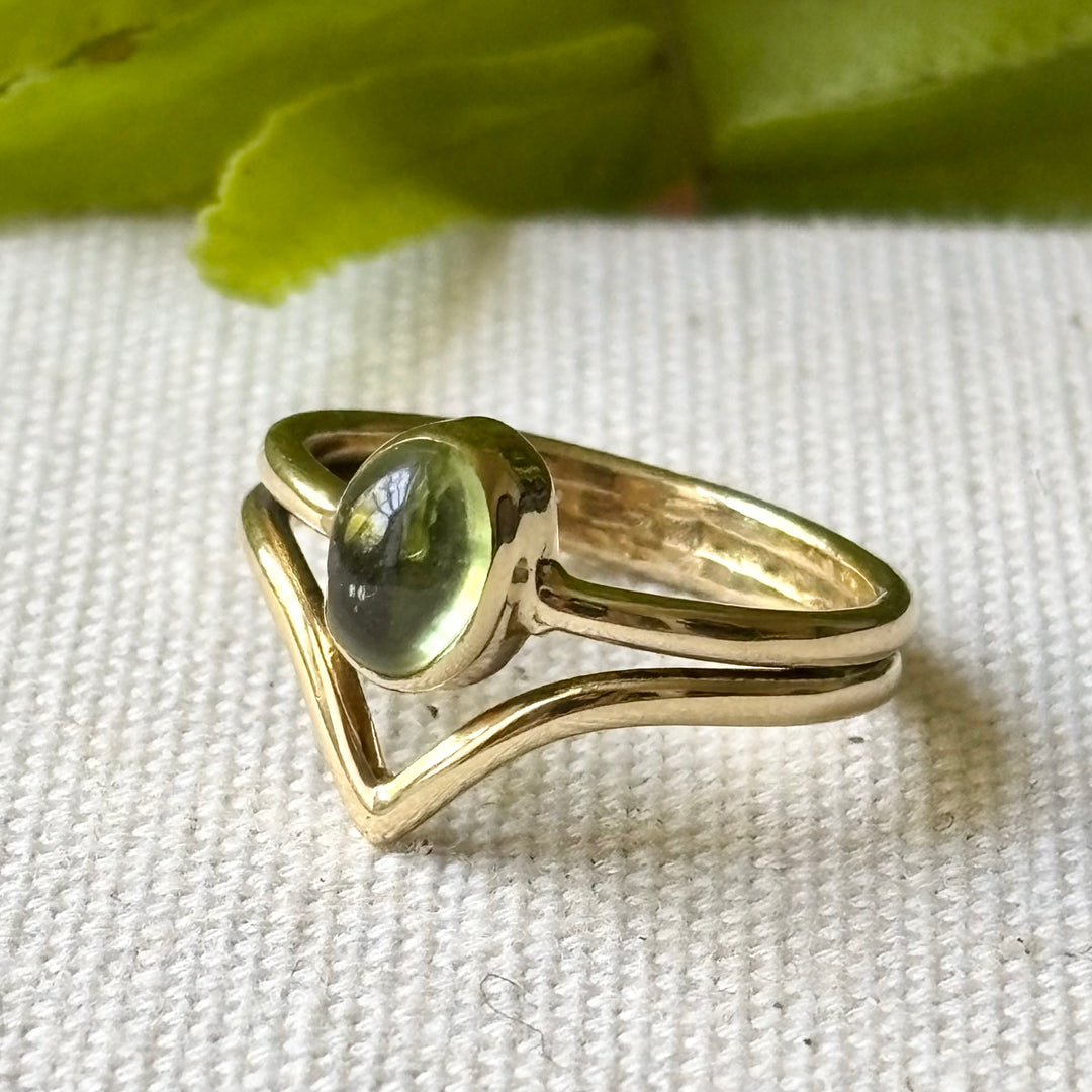 Peridot Cabochon Ring in Panchadhatu – Handmade Wrap Design – Size M
