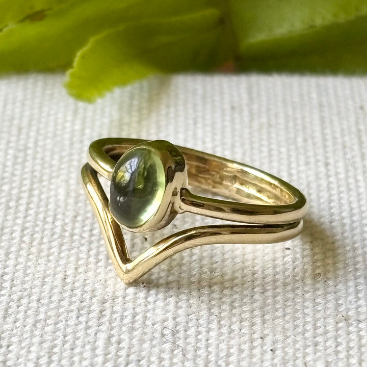Peridot Cabochon Ring in Panchadhatu – Handmade Wrap Design – Size M
