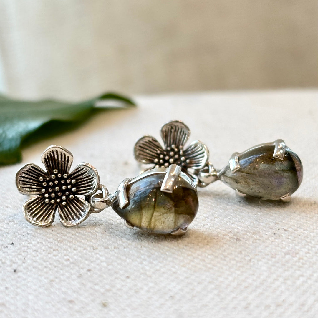Sterling Silver Labradorite Flower Stud Earrings