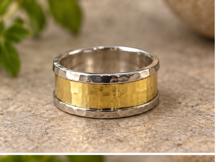 Handmade Sterling Silver and Brass Wide Band Ring