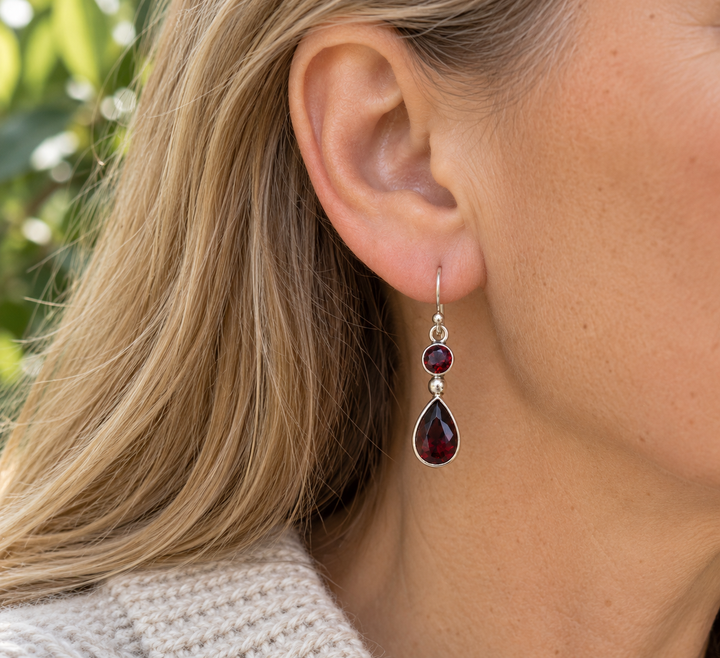 Handmade Sterling Silver Garnet Double Drop Earrings