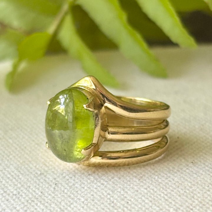 Peridot Cabochon Ring in Panchdhatu – Handmade Multi Band Design – Size P