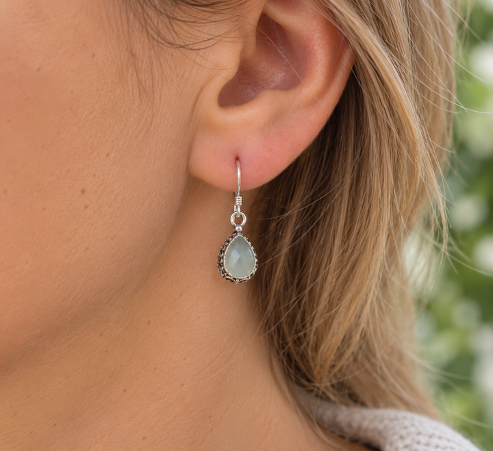 Pale Green Chalcedony Teardrop Sterling Silver Earrings