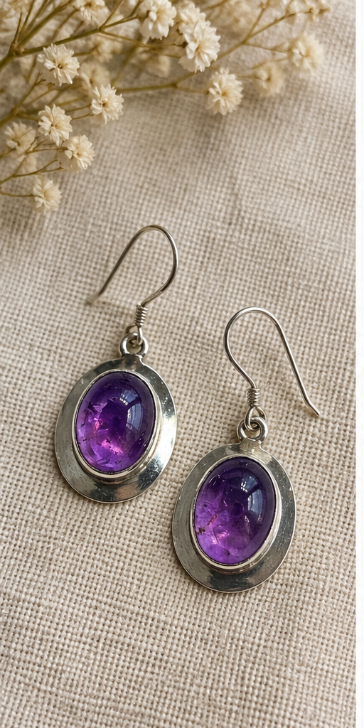 Sterling Silver Oval Amethyst Drop Earrings