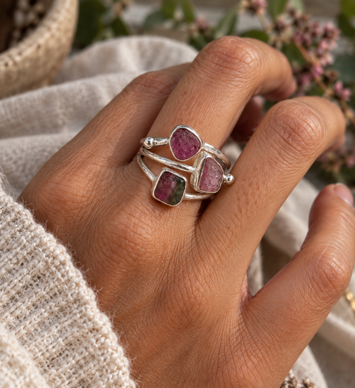 Three Stone Pink Tourmaline Sterling Silver Ring – Size M