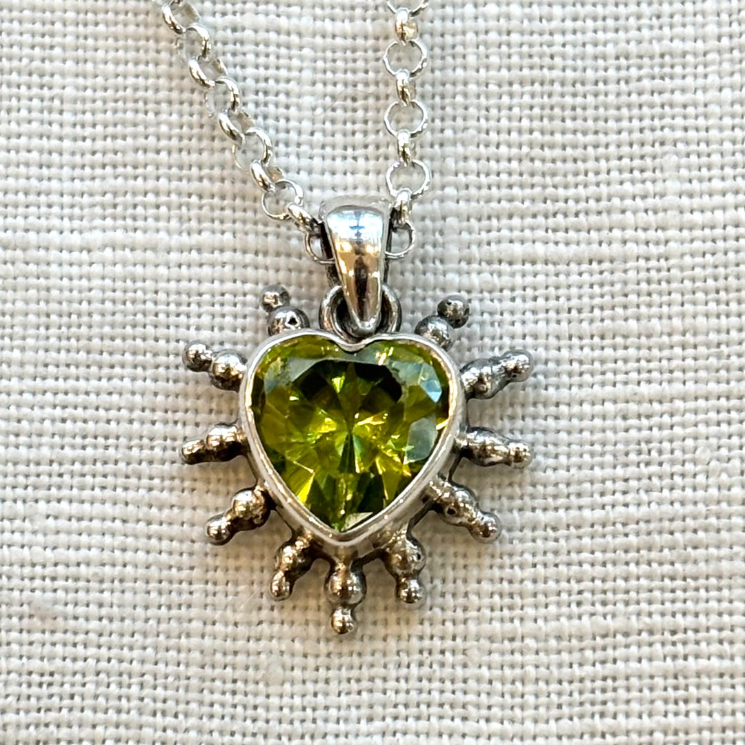 Sterling Silver Peridot Heart Necklace – Sunburst Pendant, 18 Inch Chain