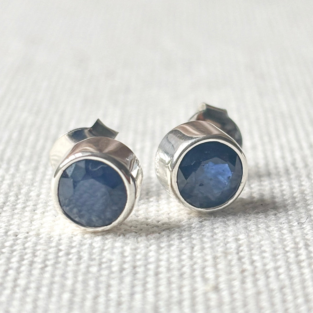 Blue Sapphire Stud Earrings – Sterling Silver Bezel Set Studs