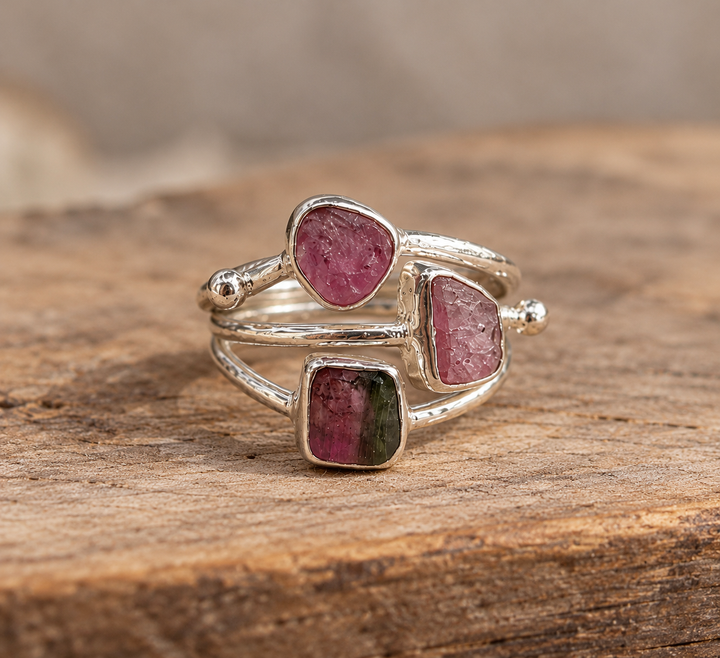 Three Stone Pink Tourmaline Sterling Silver Ring – Size M
