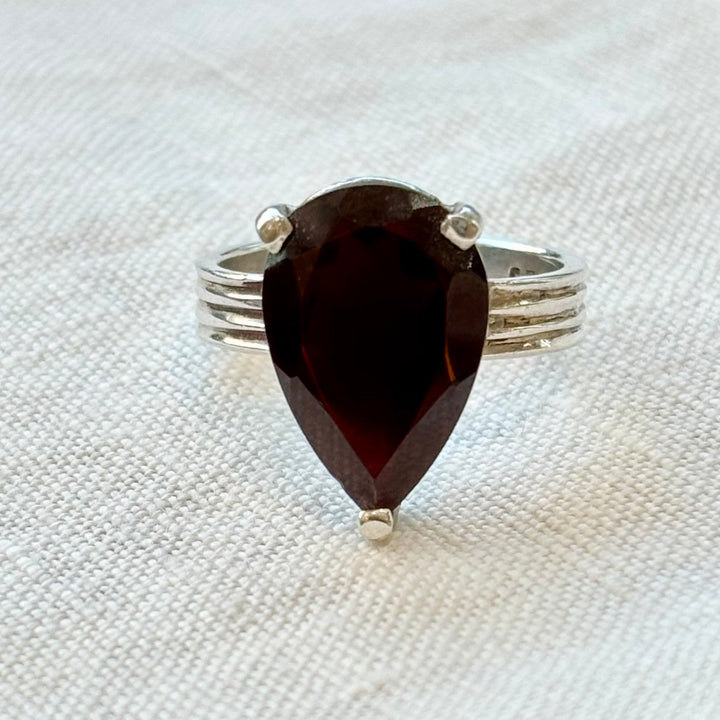 Deep Red Garnet Pear Ring – Size L