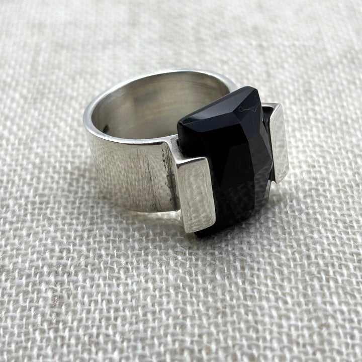 Bold Black Onyx Statement Ring in Sterling Silver (Size R)